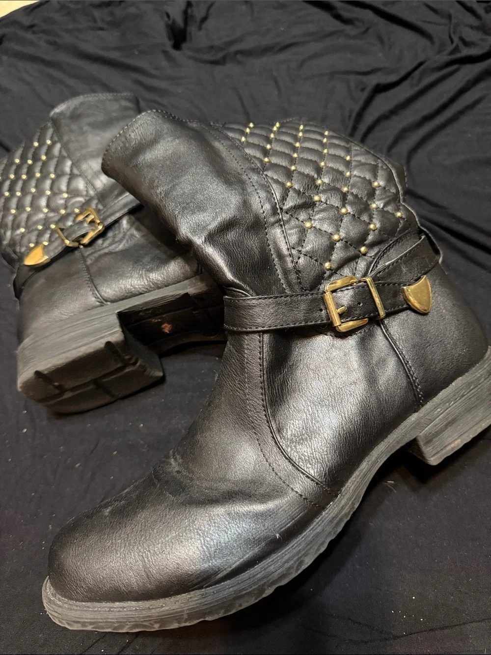 Bumper Black Quilted Leather Ankle Boots with Buckle Detail